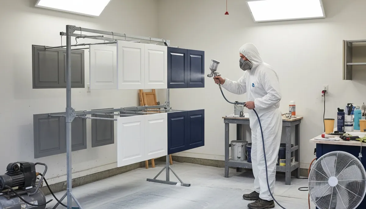 Professional cabinet painting process in Cleveland, OH with smooth spray finish for kitchen refinishing