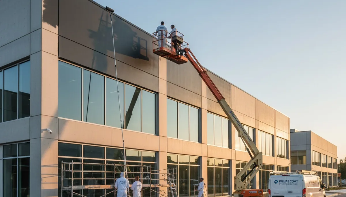 Professional commercial painters working on an office exterior in Cleveland, OH