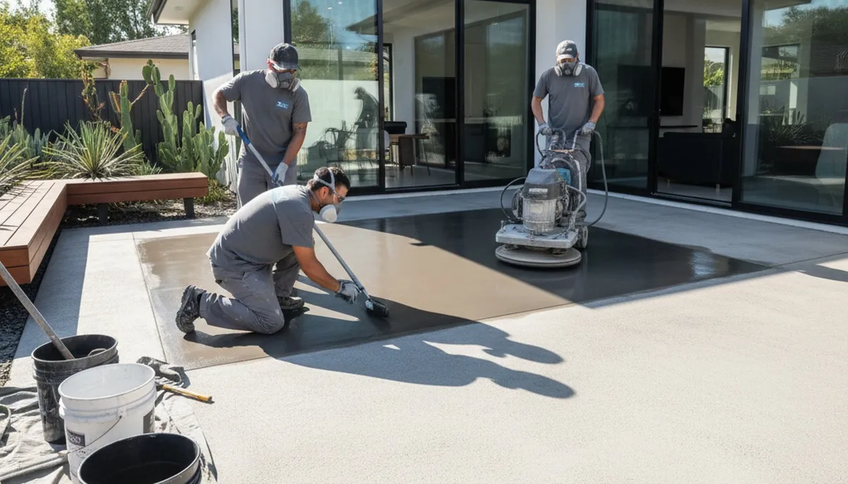 Professional concrete staining on residential garage floor in Cleveland, OH by expert house painters
