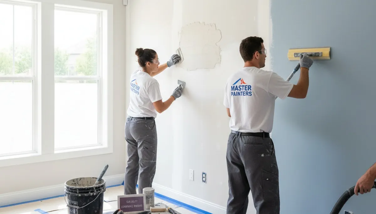 Painter repairing drywall cracks in Cleveland, OH home for seamless wall restoration by Painters Inc