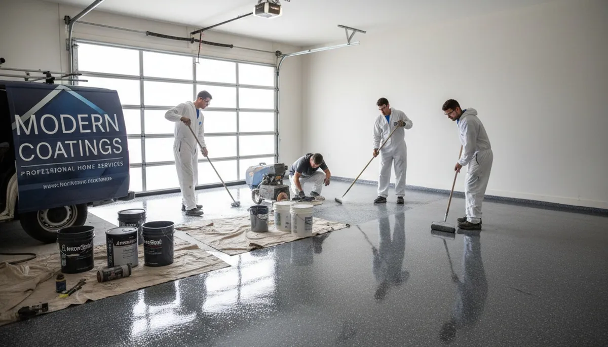 Epoxy garage floor coating installation in Cleveland, OH by professional house painters