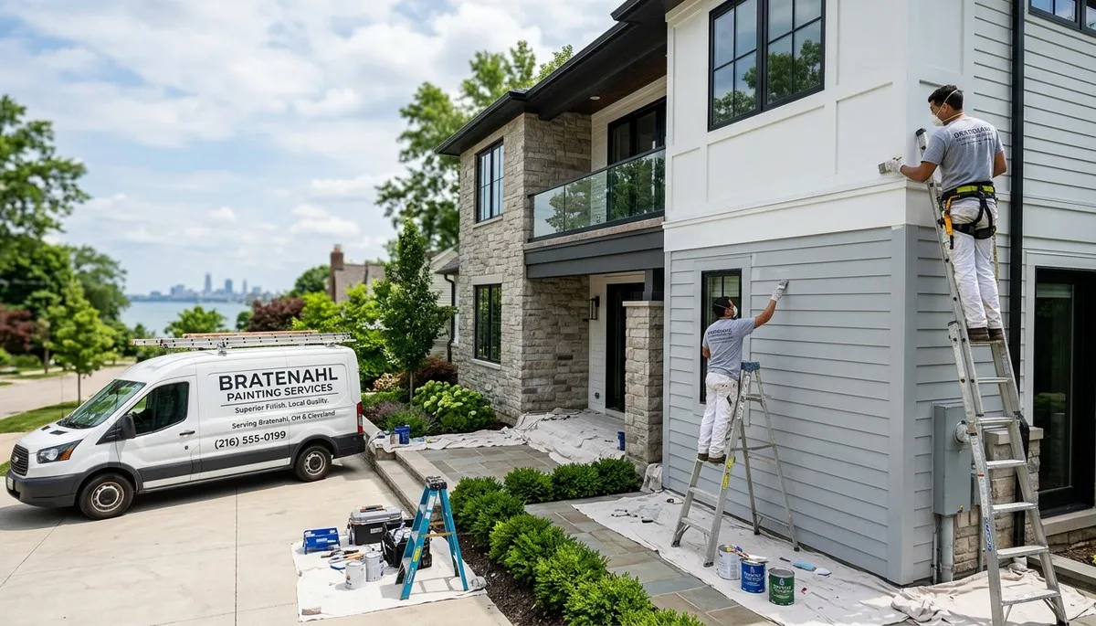 Professional house painters working on exterior home repaint in Cleveland, OH