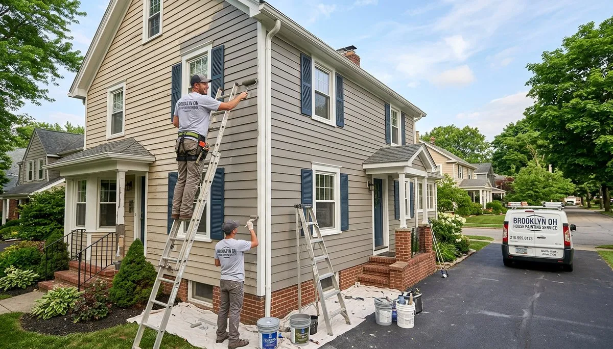 Professional house painters working on residential exterior in Cleveland, OH