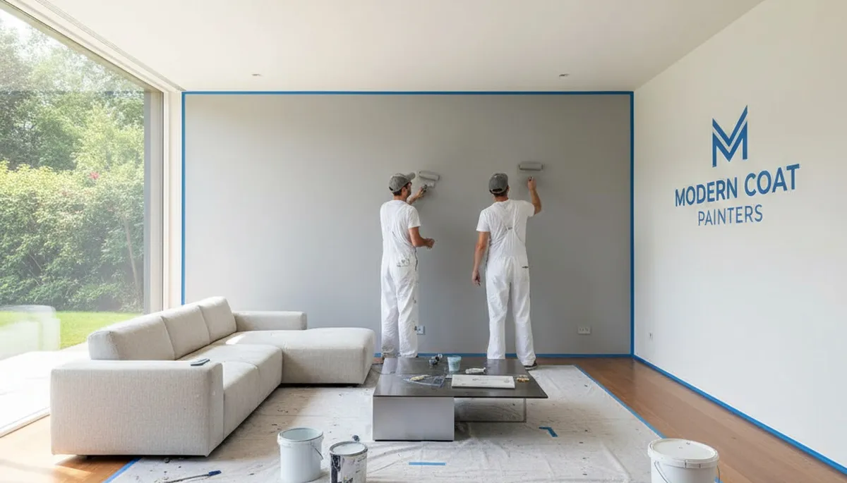 Professional interior house painters finishing a living room wall in Cleveland, OH